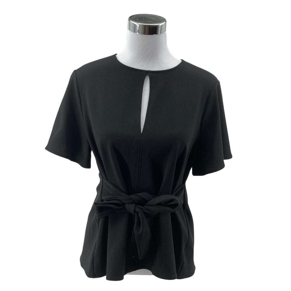 Express Blouse Top Womens Small Black Short Sleeve Stretch Keyhole Neck Belted